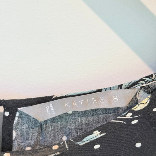 Katies Black Floral & Polka Dot Viscose Dress – Size 8