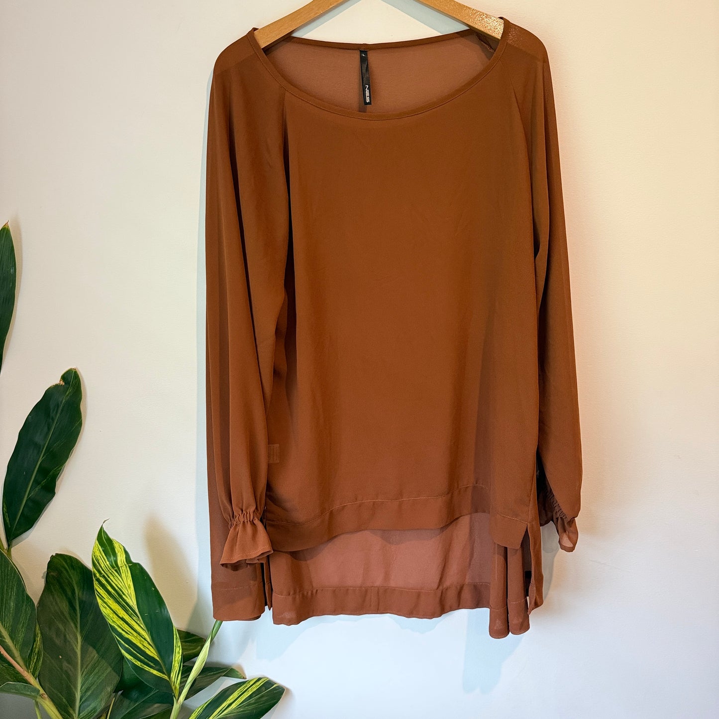 NES Size L Sheer Brown Long-Sleeved Blouse