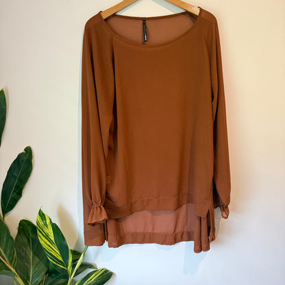 NES Size L Sheer Brown Long-Sleeved Blouse