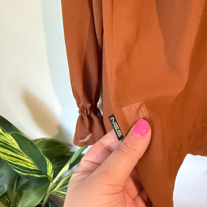 NES Size L Sheer Brown Long-Sleeved Blouse