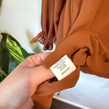 NES Size L Sheer Brown Long-Sleeved Blouse