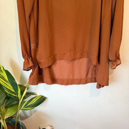 NES Size L Sheer Brown Long-Sleeved Blouse