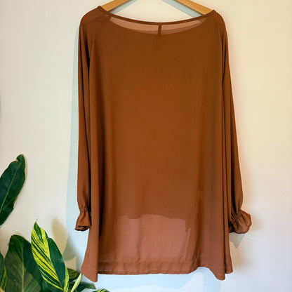 NES Size L Sheer Brown Long-Sleeved Blouse