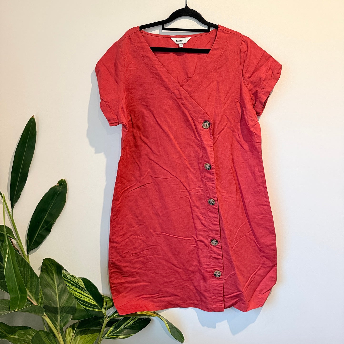Eurodit Size 44 Sunset Coral Linen Blend Button Dress