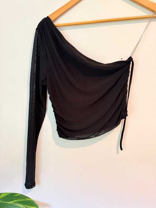GLASSONS Black One Shoulder Ruched Mesh Top Size M