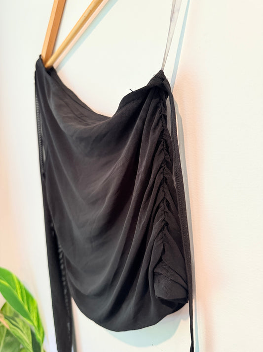 GLASSONS Black One Shoulder Ruched Mesh Top Size M