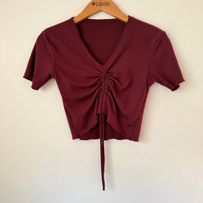 Unbranded Size U/Arm 37cm Maroon Ribbed Tie-Front Crop Top
