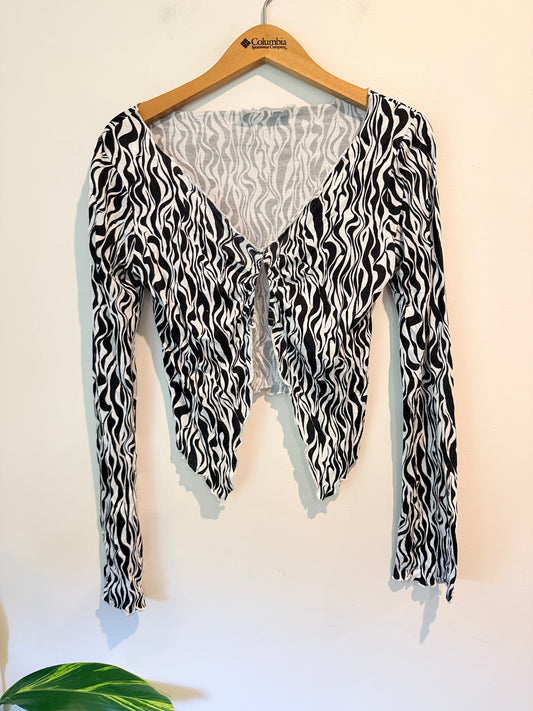 GLASSONS Black White Zebra Mesh Tie Front Top Size M