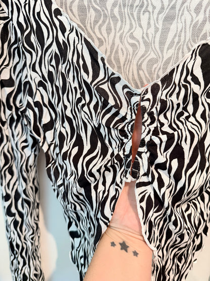 GLASSONS Black White Zebra Mesh Tie Front Top Size M
