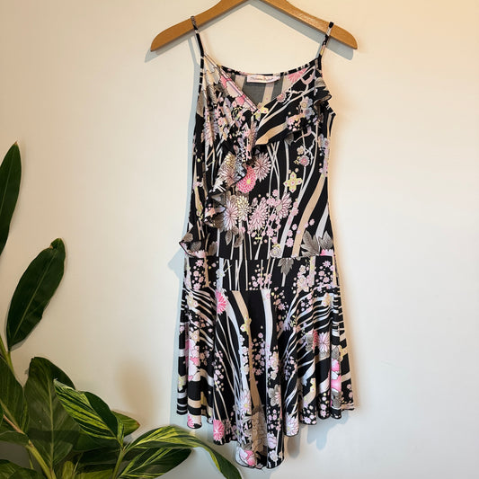 Suzanne Betro Size M Black Floral Print Spaghetti Strap Mini Dress