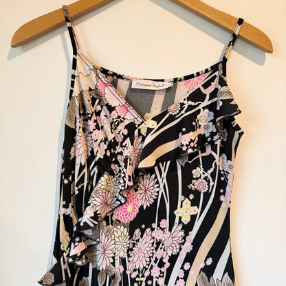 Suzanne Betro Size M Black Floral Print Spaghetti Strap Mini Dress