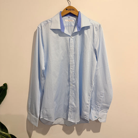 Geoffrey Beene Size 42 Light Blue & White Striped Long-Sleeve Shirt