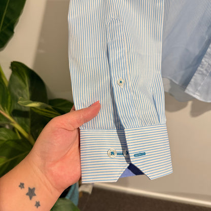 Geoffrey Beene Size 42 Light Blue & White Striped Long-Sleeve Shirt