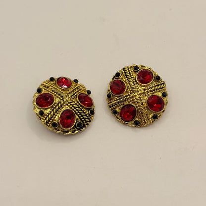 Gold-Tone Clip-On Earrings with Red Gem Accents