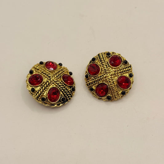 Gold-Tone Clip-On Earrings with Red Gem Accents
