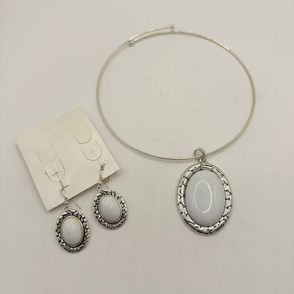 Silver-Tone Oval Pendant Necklace & Matching Earrings Set