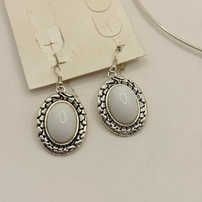 Silver-Tone Oval Pendant Necklace & Matching Earrings Set