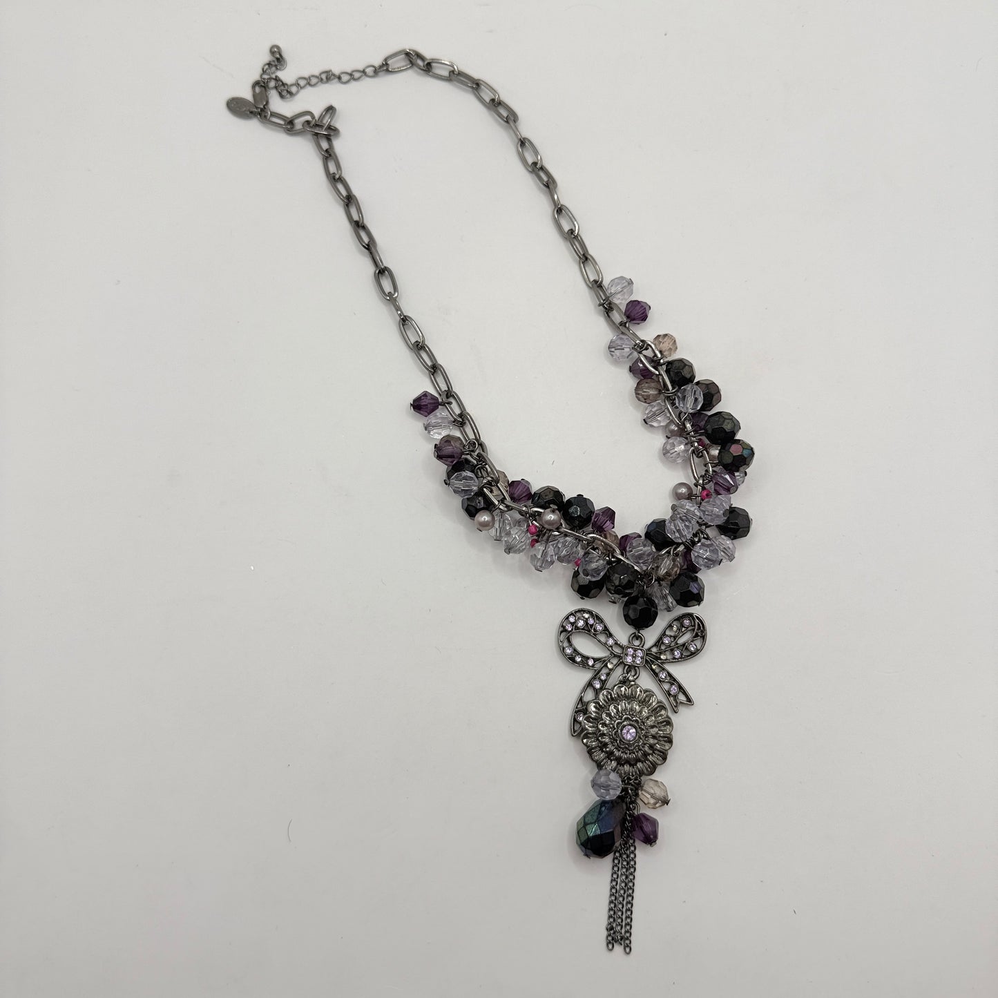 Sparkling Purple Bead Necklace with Bow & Flower Pendant