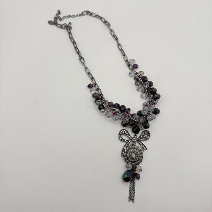 Sparkling Purple Bead Necklace with Bow & Flower Pendant