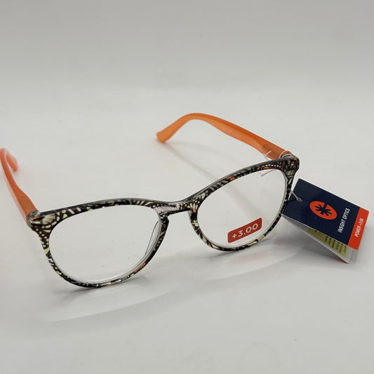 Insight Optics Reading Glasses +3.00 with Patterned Frame & Orange Arms