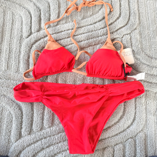 Monday Swimwear Red & Peach Triangle Bikini Set - Size 10
