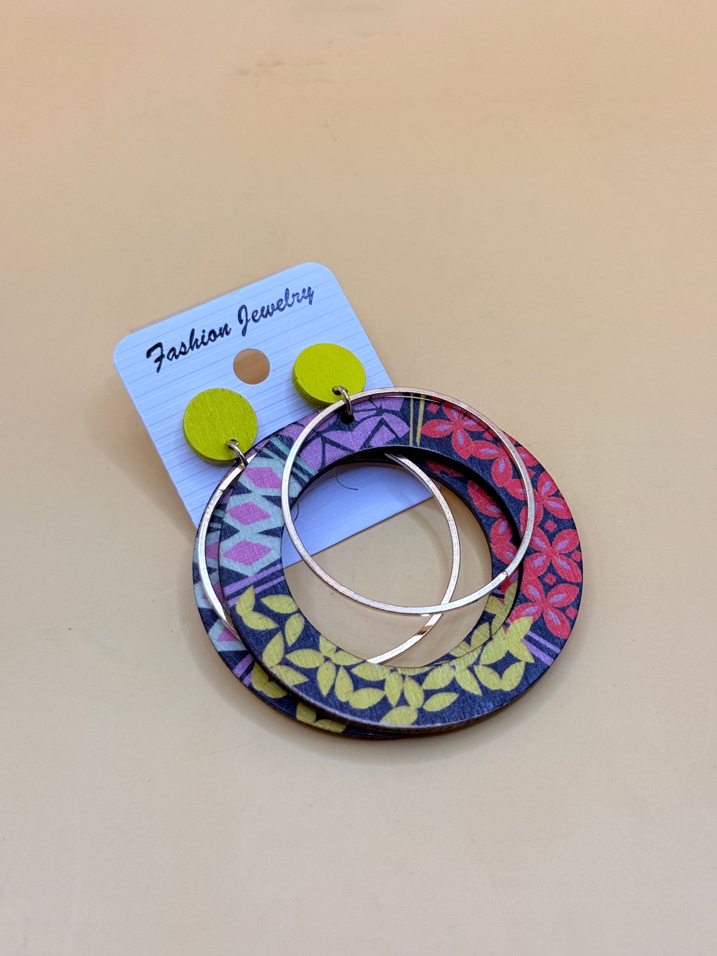 Statement Hoop Earrings Multicolour Wooden Design Lightweight Drop Earrings