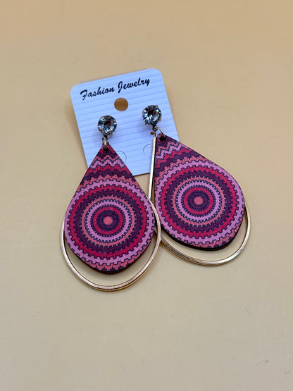 Teardrop Statement Earrings Pink Mandala Pattern Lightweight Drop Earrings