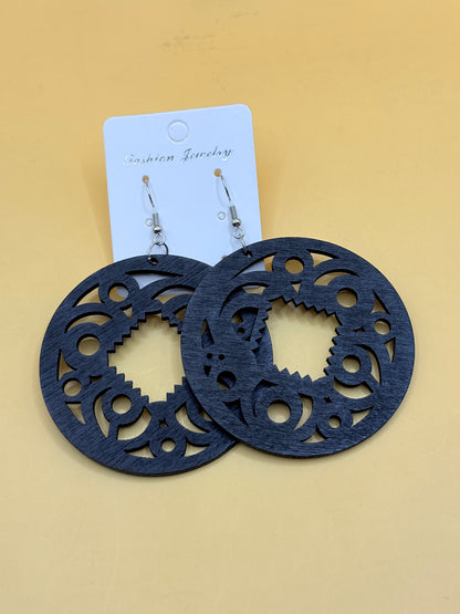 Black Wooden Statement Circle Earrings Lightweight Boho Drop Earrings