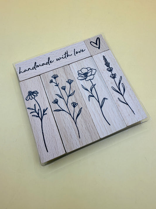 Handmade Floral Wooden Stamp Set Botanical Craft Rubber Stamps