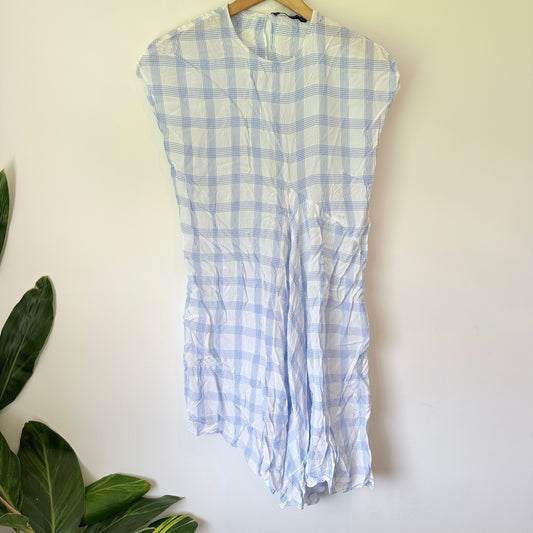 Zara Women Size M White & Blue Plaid Asymmetrical Dress