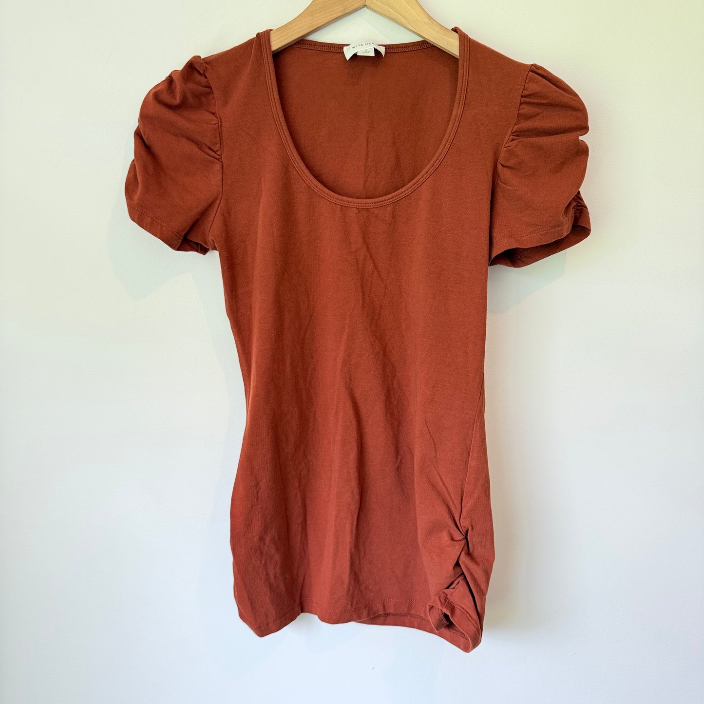 Witchery Size S Rust Square-Neck Puff Sleeve Knotted Top