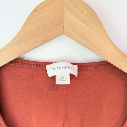 Witchery Size S Rust Square-Neck Puff Sleeve Knotted Top