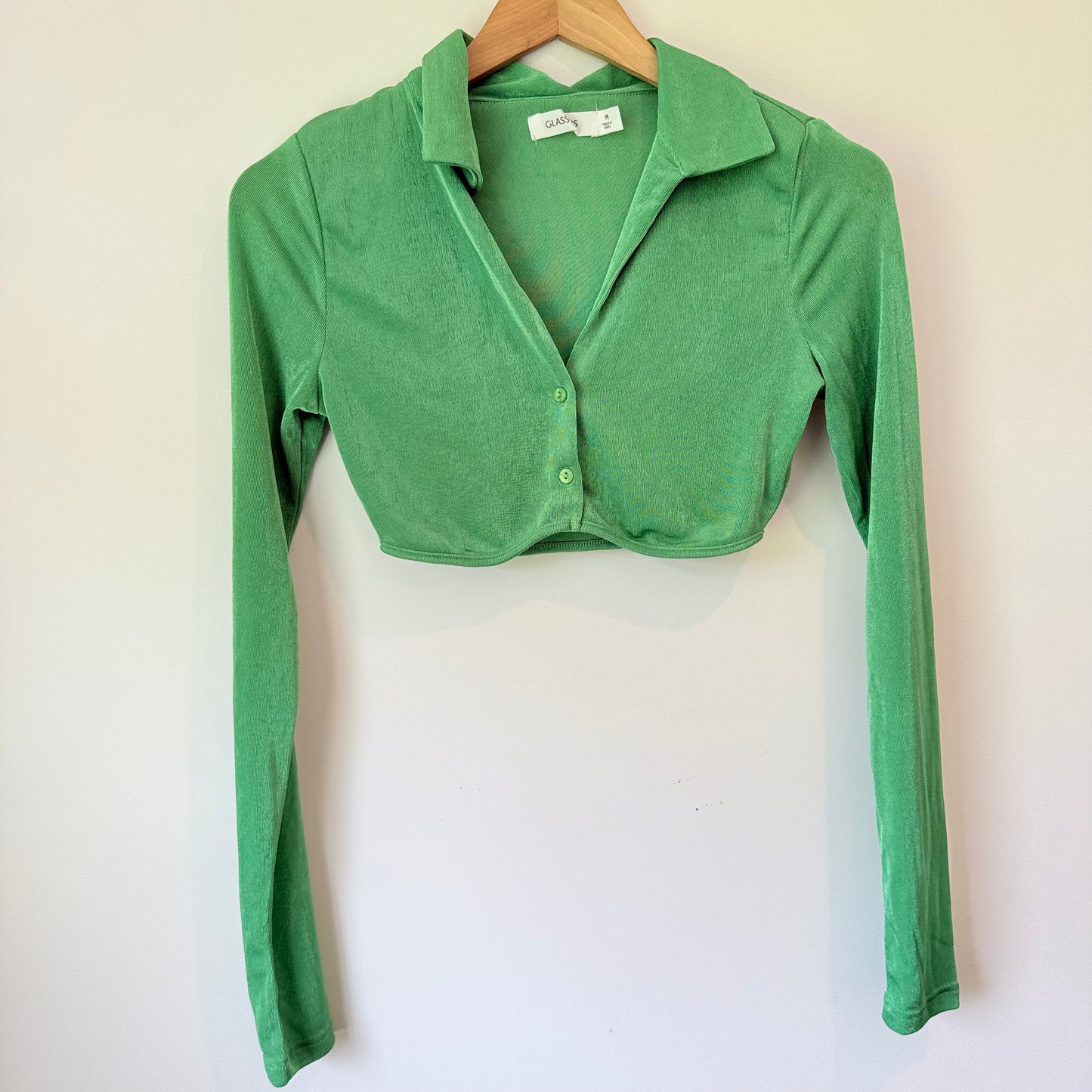 Glassons Size M Green Long-Sleeve Collared Crop Cardi