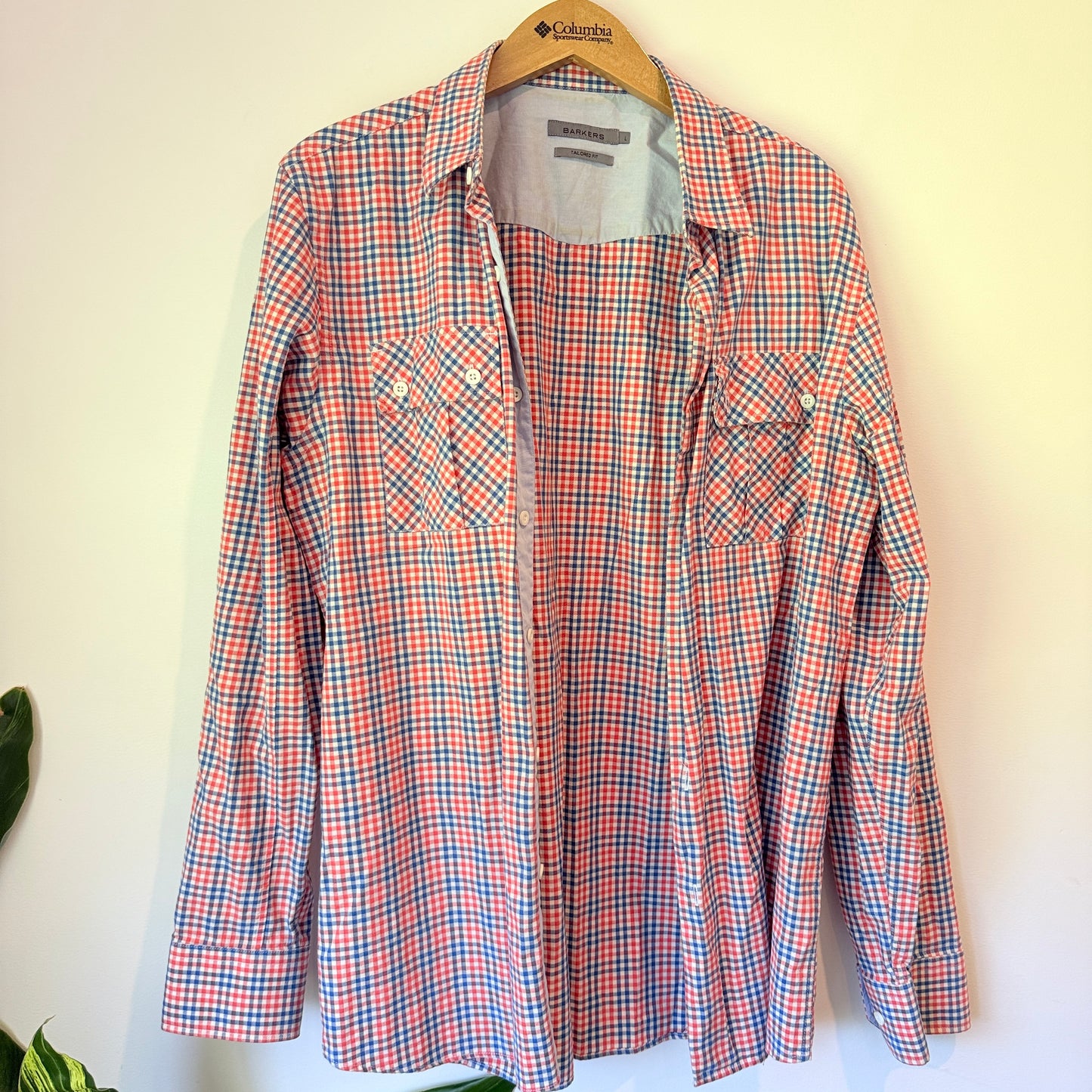 Barkers Size L Long-Sleeve Button-Down Cotton Shirt Red Blue Plaid