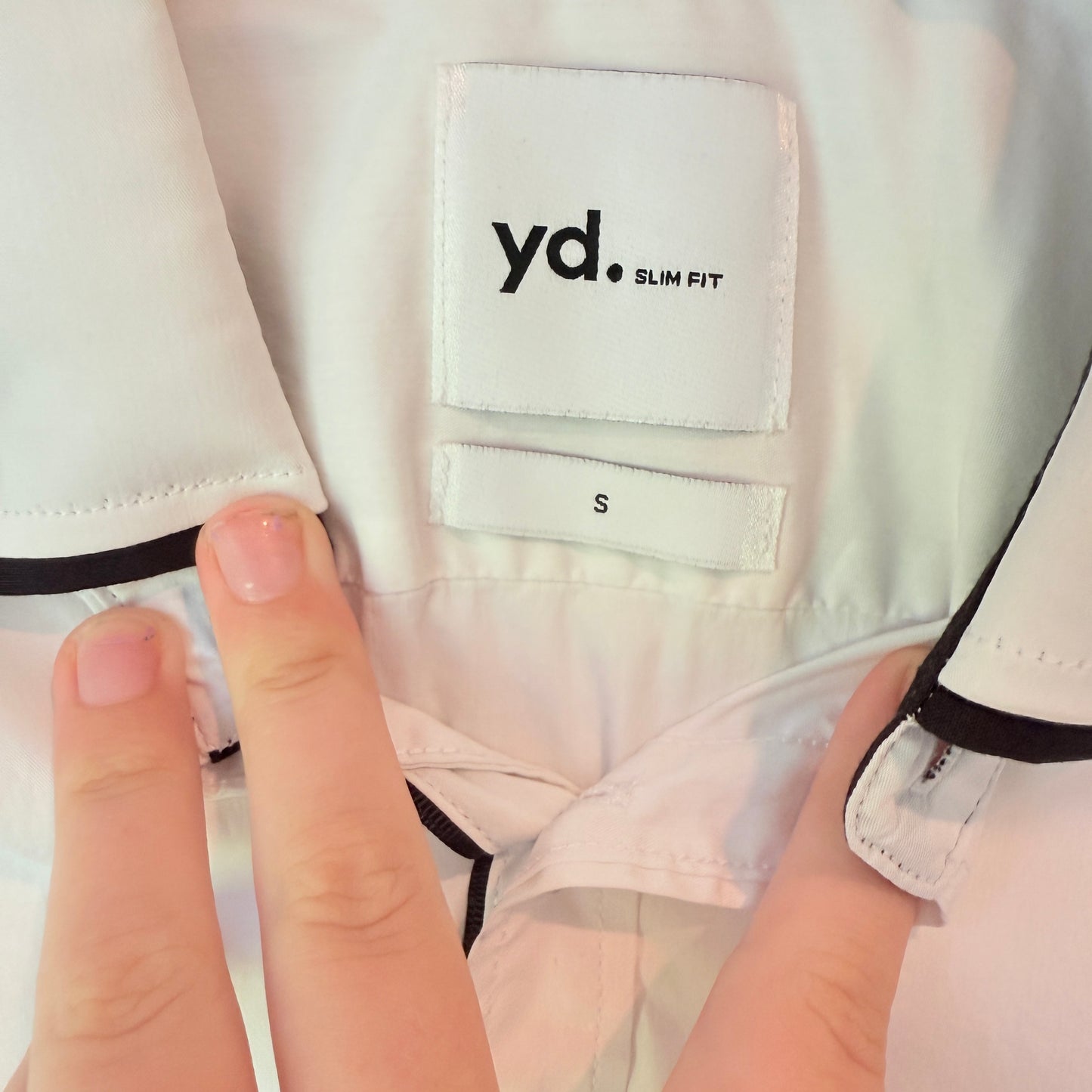 YD Size S White Shirt Black Patterned Trim