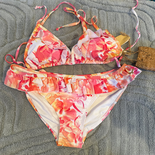 Kaikea Tropical Ruffle Triangle Bikini Set Pink Floral