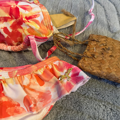 Kaikea Tropical Ruffle Triangle Bikini Set Pink Floral