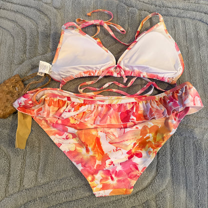 Kaikea Tropical Ruffle Triangle Bikini Set Pink Floral