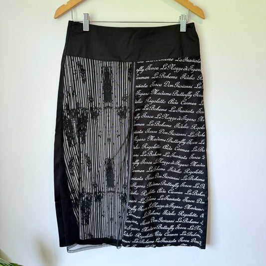 Ruby Red Size 10 NZ Made Black & White Midi Skirt with Text Patterns