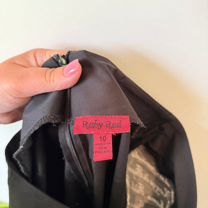Ruby Red Size 10 NZ Made Black & White Midi Skirt with Text Patterns