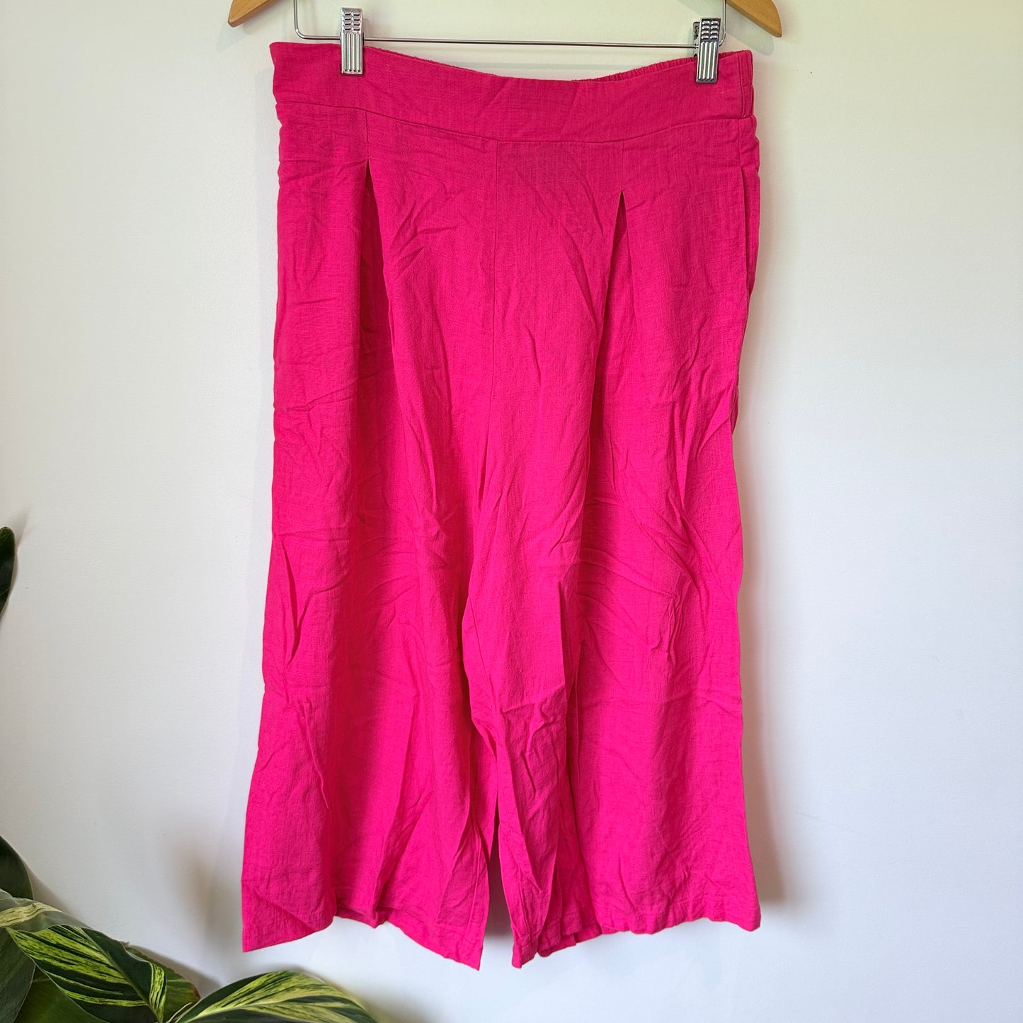 Zafina Size 12 Cotton / Linen Hot Pink Wide-Leg Linen Blend Cropped Trousers