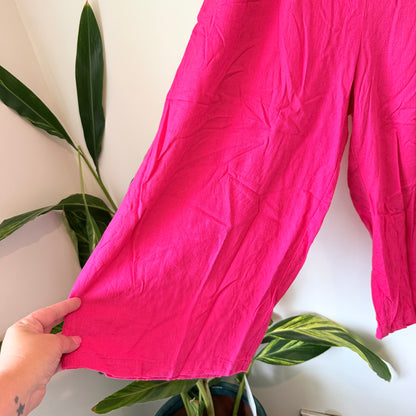 Zafina Size 12 Cotton / Linen Hot Pink Wide-Leg Linen Blend Cropped Trousers