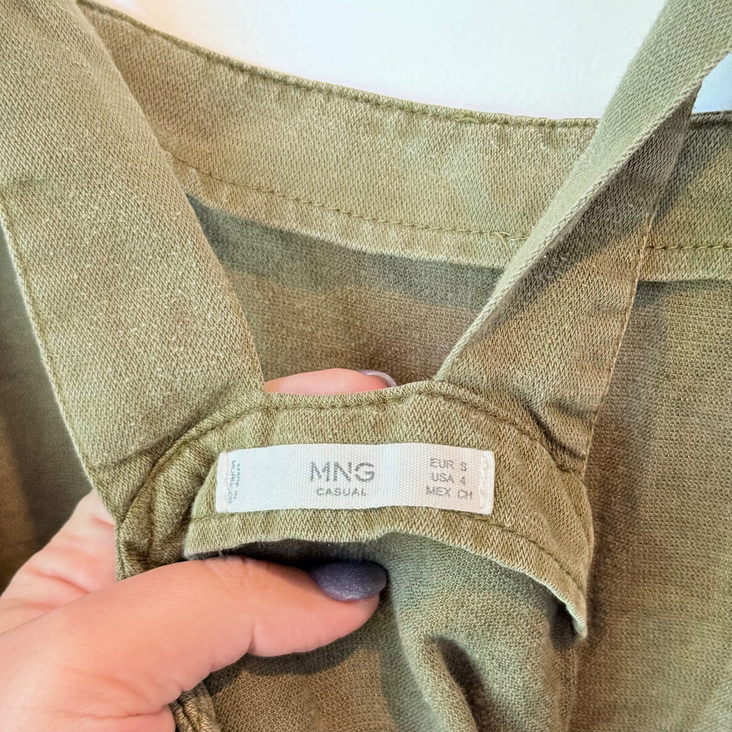 MNG Casual Olive Green Linen Blend Cross Back Mini Dress - Size S