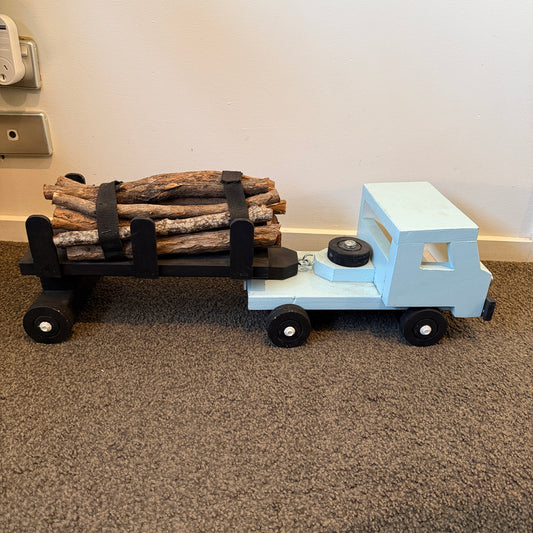 Handcrafted Wooden Logging Truck with Detachable Trailer & Stackable Logs