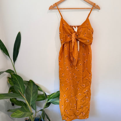 Mineral Mustard Floral Tie-Front Midi Dress – Size 10