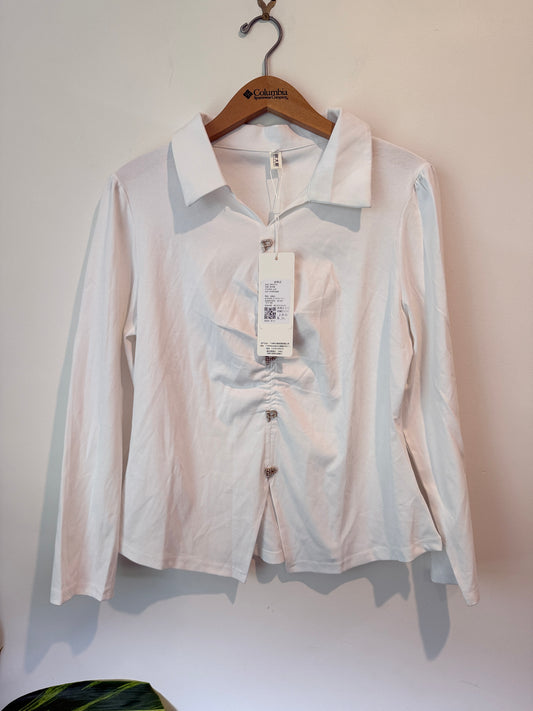 Pandamian White Ruched Button Long Sleeve Top Size 2XL