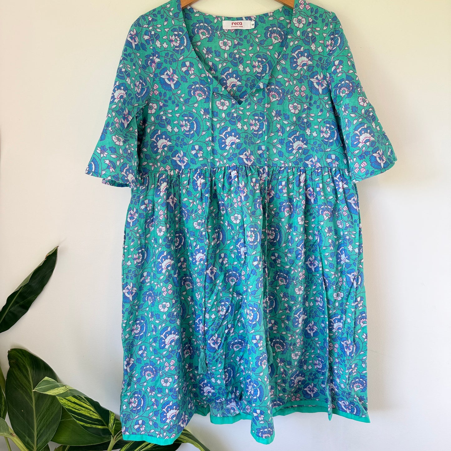 Reca Size 6 Green & Blue Floral Print Cotton Oversize Mini Dress