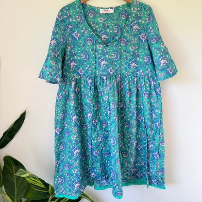 Reca Size 6 Green & Blue Floral Print Cotton Oversize Mini Dress
