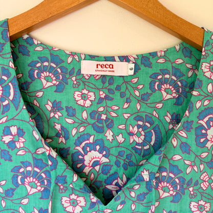 Reca Size 6 Green & Blue Floral Print Cotton Oversize Mini Dress