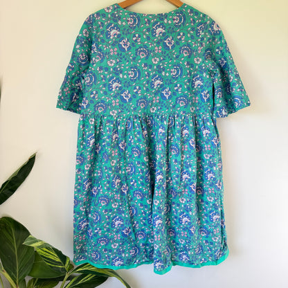 Reca Size 6 Green & Blue Floral Print Cotton Oversize Mini Dress